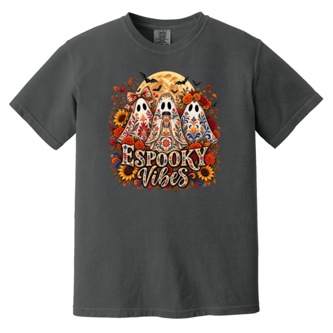 Gray crewneck t-shirt featuring a colorful graphic print of three decorated ghosts, sunflowers, bats, and the text 'Espooky Vibes' in a stylized font.