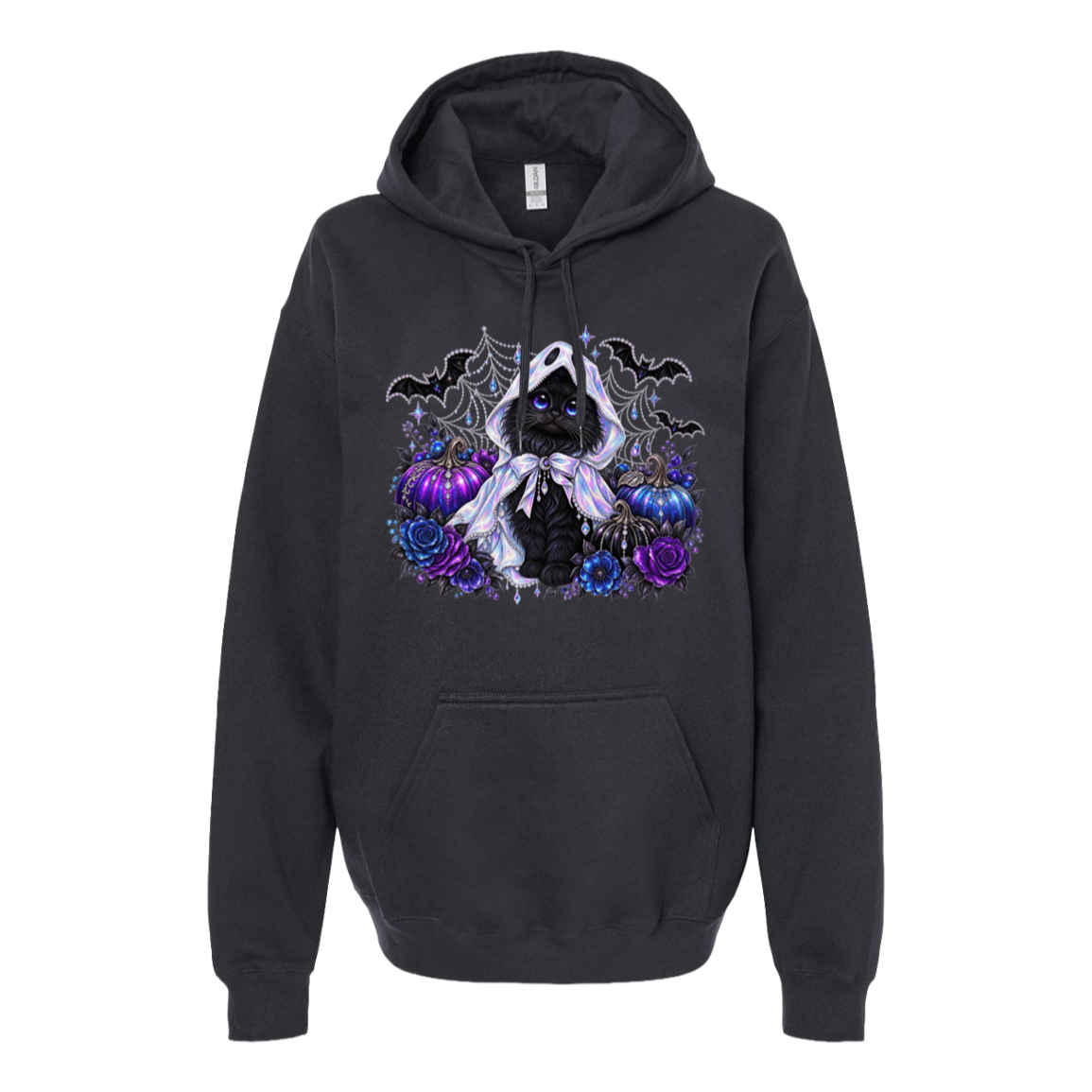 A dark charcoal gray pullover hoodie featuring a gothic graphic print of a black cat in a white hood surrounded by purple and blue flowers, bats, and spiderwebs, shown against a plain white background.