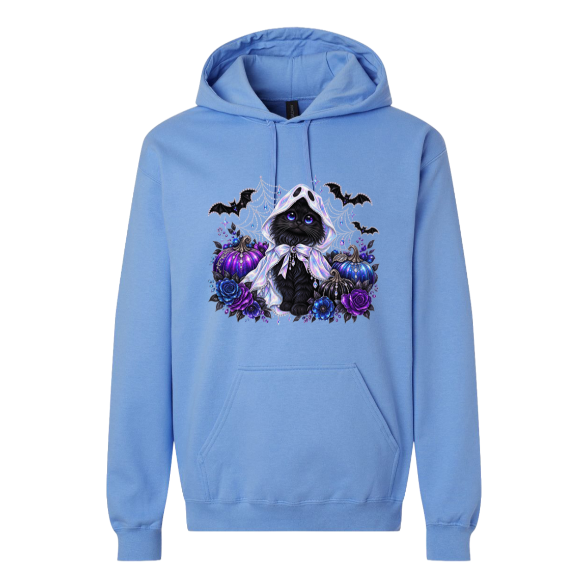 A light blue pullover hoodie featuring a graphic print of a black cat dressed as a vampire with a white hood, surrounded by purple pumpkins, roses, bats, and a blue spider on a white background.