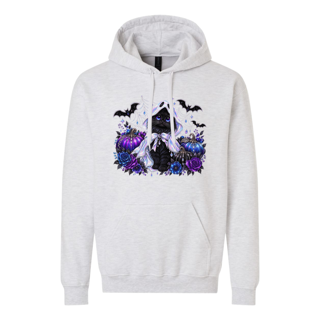 A light heather gray pullover hoodie featuring a gothic-style graphic print of a black cat surrounded by purple roses, blue flowers, bats, and a white veil on the chest.