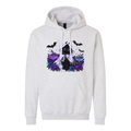 A light heather gray pullover hoodie featuring a gothic-style graphic print of a black cat surrounded by purple roses, blue flowers, bats, and a white veil on the chest.