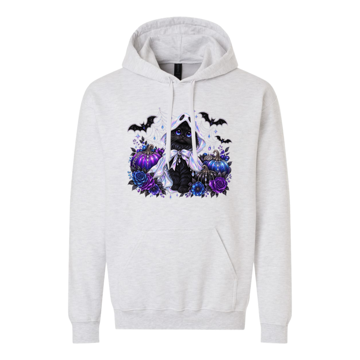 A light heather gray pullover hoodie featuring a gothic-style graphic print of a black cat surrounded by purple roses, blue flowers, bats, and a white veil on the chest.
