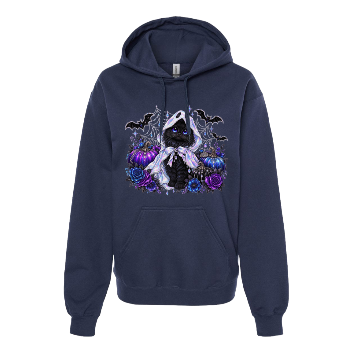A navy blue pullover hoodie featuring a detailed graphic print on the front of a black cat wearing a white pointed hat, surrounded by purple pumpkins, blue flowers, bats, and a ghostly figure, shown against a plain white background.