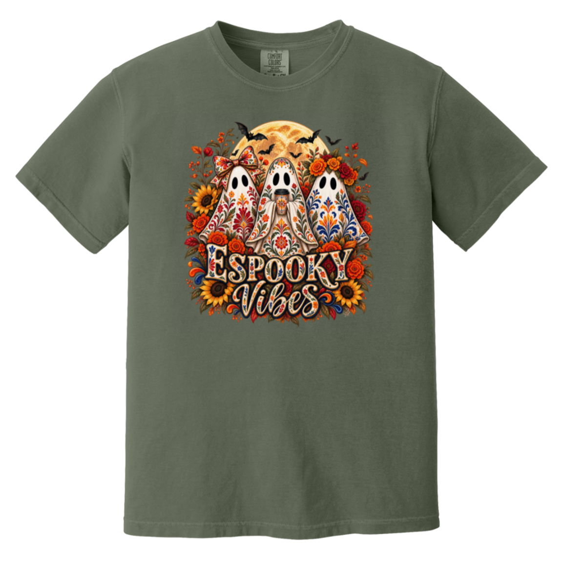 Green crewneck t-shirt featuring a colorful graphic print of three decorated ghosts, sunflowers, bats, and the text 'Espooky Vibes' in a stylized font.