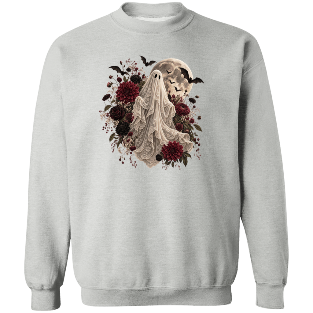 A light gray crewneck sweatshirt featuring a gothic-style graphic print of a ghostly figure surrounded by dark red flowers, black bats, and a skull on a full moon.