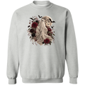 A light gray crewneck sweatshirt featuring a gothic-style graphic print of a ghostly figure surrounded by dark red flowers, black bats, and a skull on a full moon.
