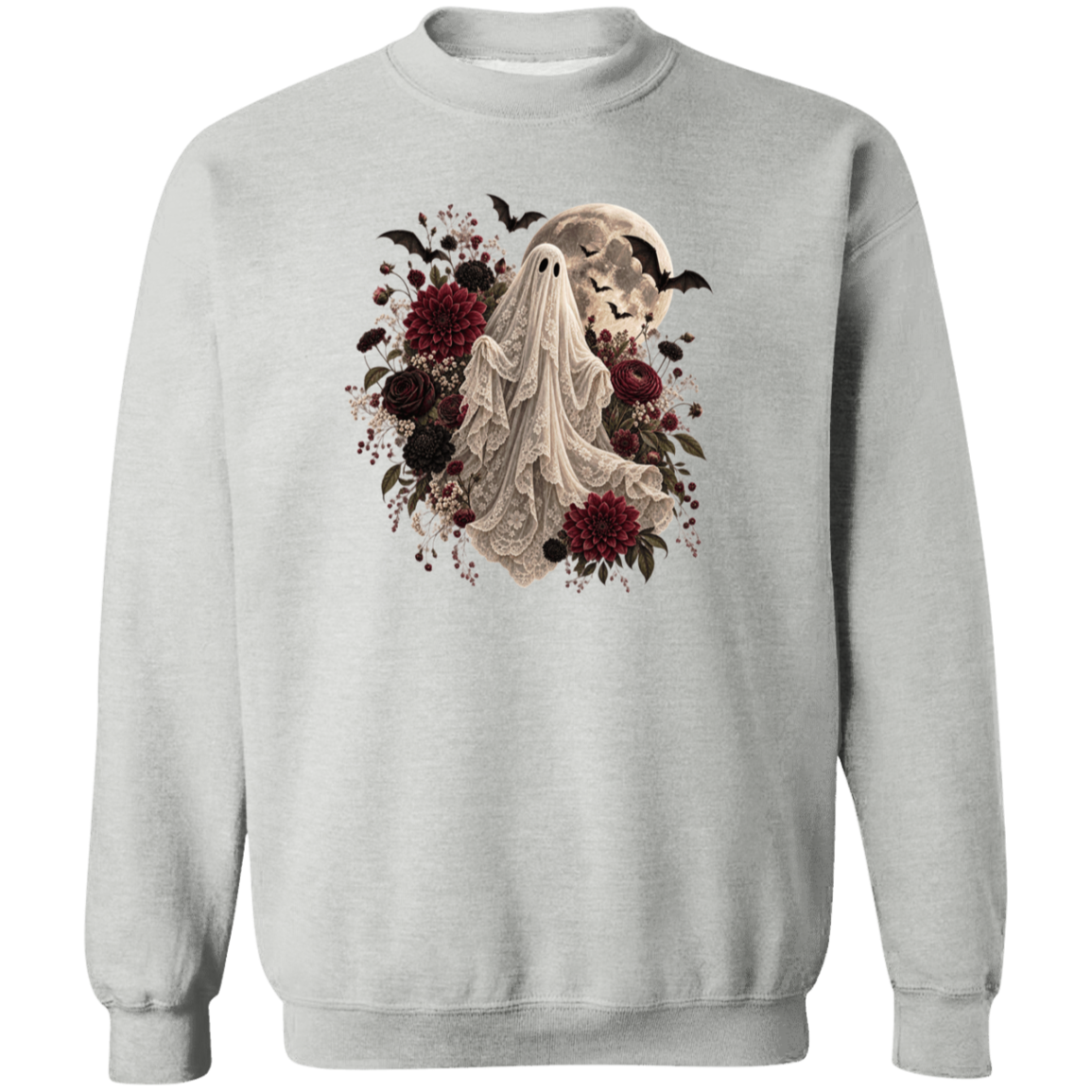 A light gray crewneck sweatshirt featuring a gothic-style graphic print of a ghostly figure surrounded by dark red flowers, black bats, and a skull on a full moon.