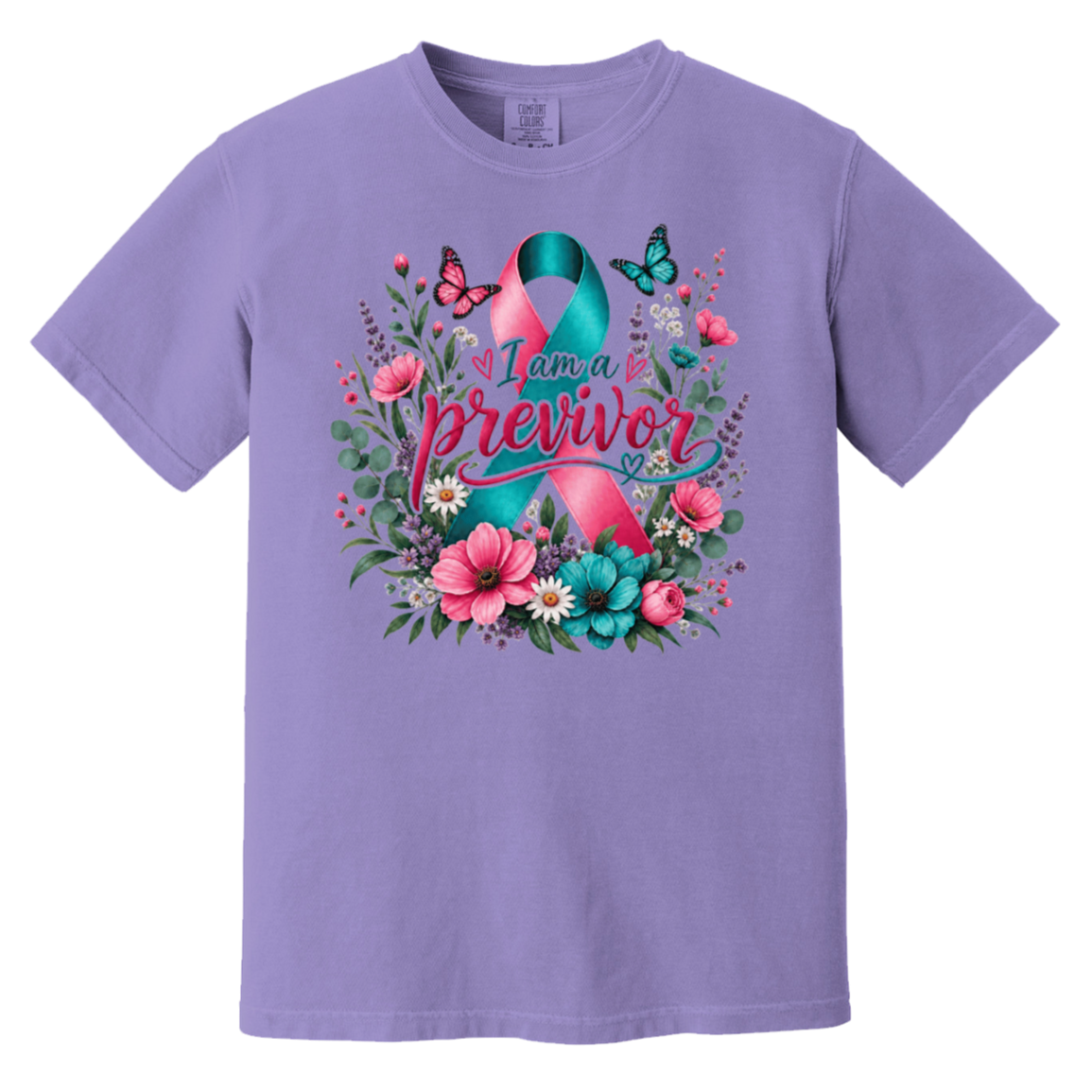 Lavender short-sleeve crewneck t-shirt featuring a colorful graphic on the front. The graphic displays a pink and teal awareness ribbon surrounded by pink flowers, green leaves, purple blossoms, and butterflies, with the text 'I am a previvor' written across the center.
