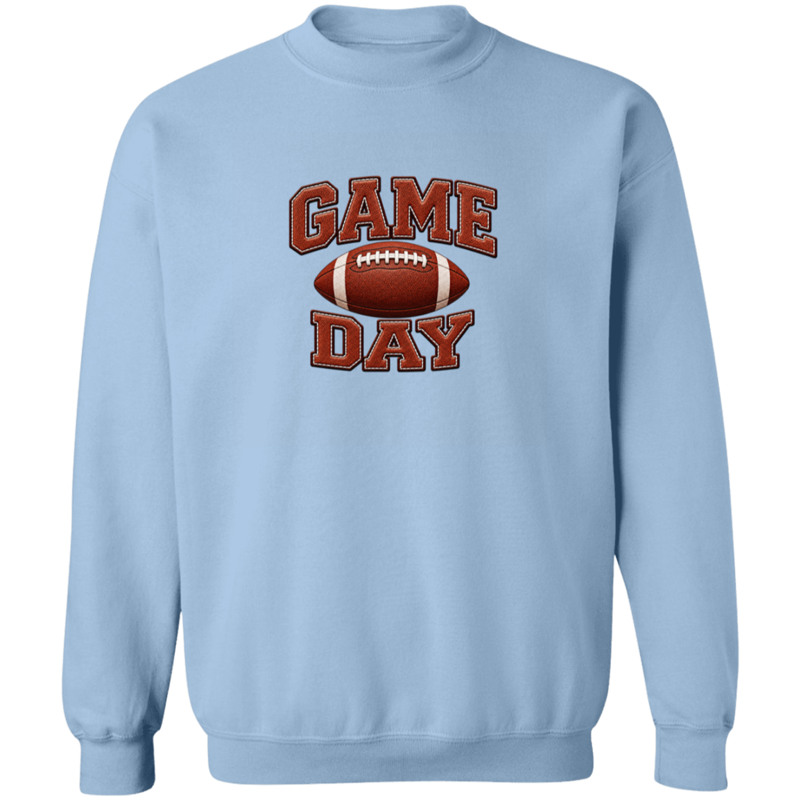 A light blue crewneck sweatshirt featuring a 'GAME DAY' graphic on the chest with a brown football in the center.