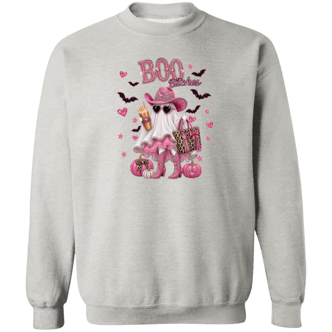 Light gray crewneck sweatshirt with a pink and black 'Boo Bitches' Halloween graphic featuring a ghost, cowboy hat, sunglasses, and pumpkins.