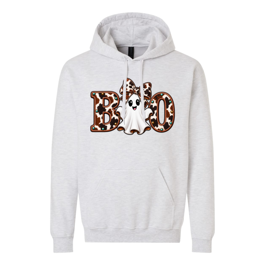 Gray hoodie with a ghost wearing a large cowhide bow and the word boo with the ghost in the middle of the word