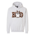 Gray hoodie with a ghost wearing a large cowhide bow and the word boo with the ghost in the middle of the word