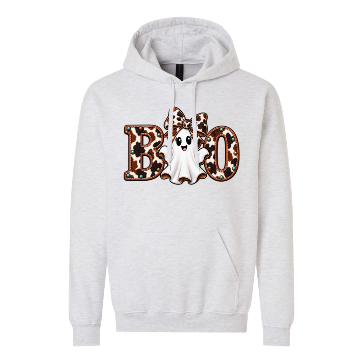 Gray hoodie with a ghost wearing a large cowhide bow and the word boo with the ghost in the middle of the word