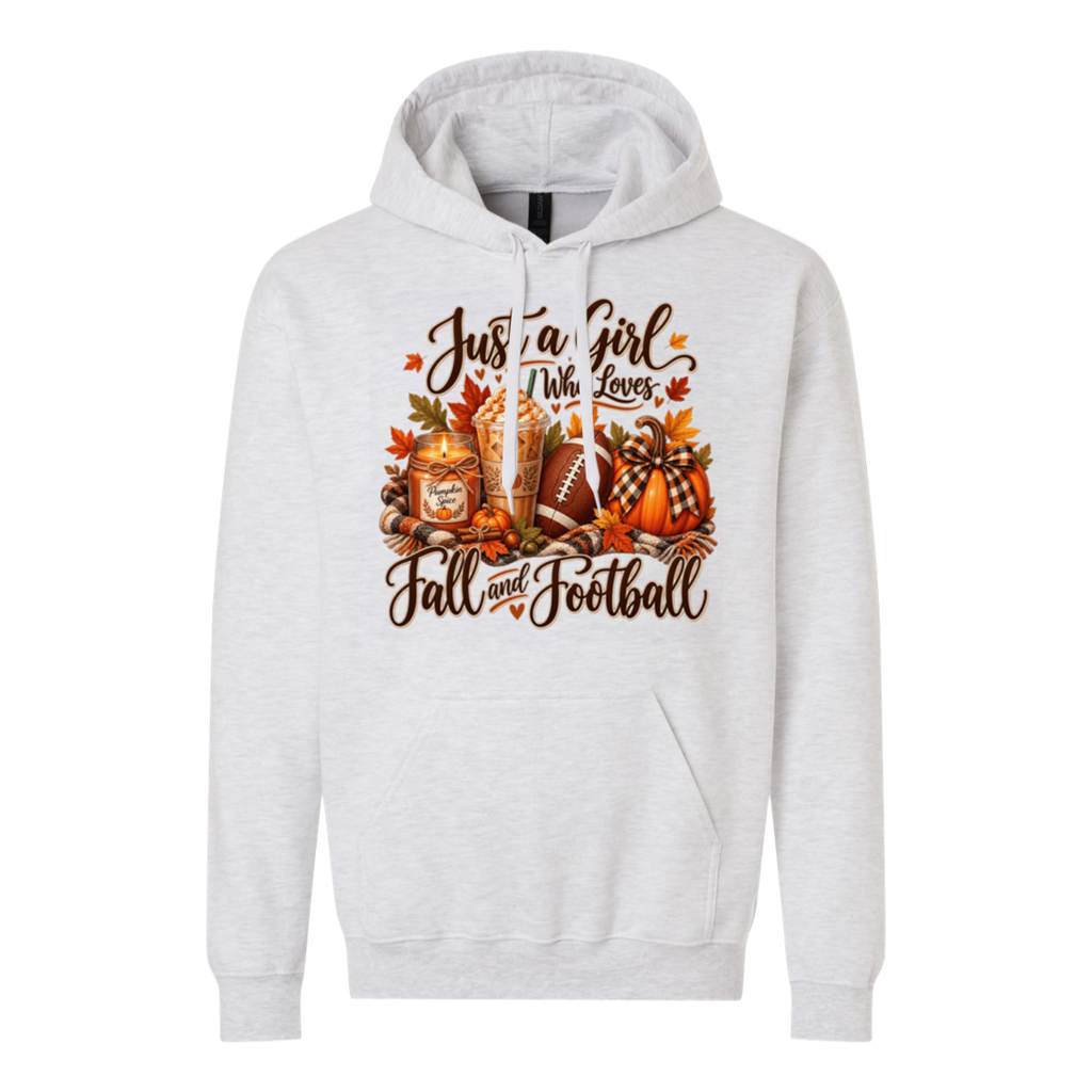 A light heather gray pullover hoodie with a detailed autumn football graphic on the chest. The graphic features the text 'Just a Girl With Love, Fall and Football' in brown script, surrounded by pumpkins, a football, plaid pattern, and fall leaves.