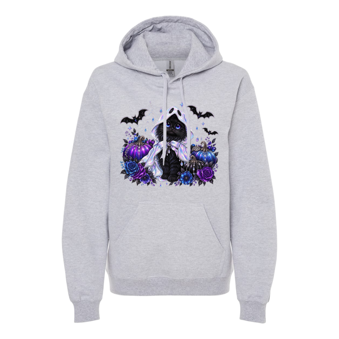 A light heather gray pullover hoodie featuring a gothic cat graphic on the chest. The graphic depicts a black cat with glowing blue eyes surrounded by purple roses, blue pumpkins, and black bats.