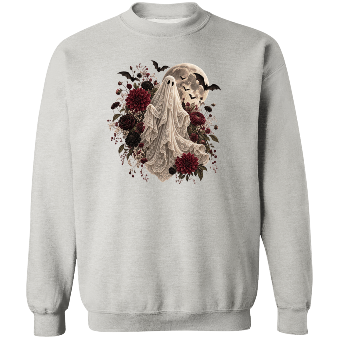 A light gray crewneck sweatshirt featuring a gothic-style graphic print of a ghostly figure surrounded by dark red flowers, black bats, and a skull on a full moon.