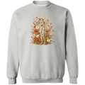 A light gray crewneck sweatshirt featuring a vintage-style graphic of a skeleton surrounded by a dense arrangement of red, orange, yellow, and white wildflowers.