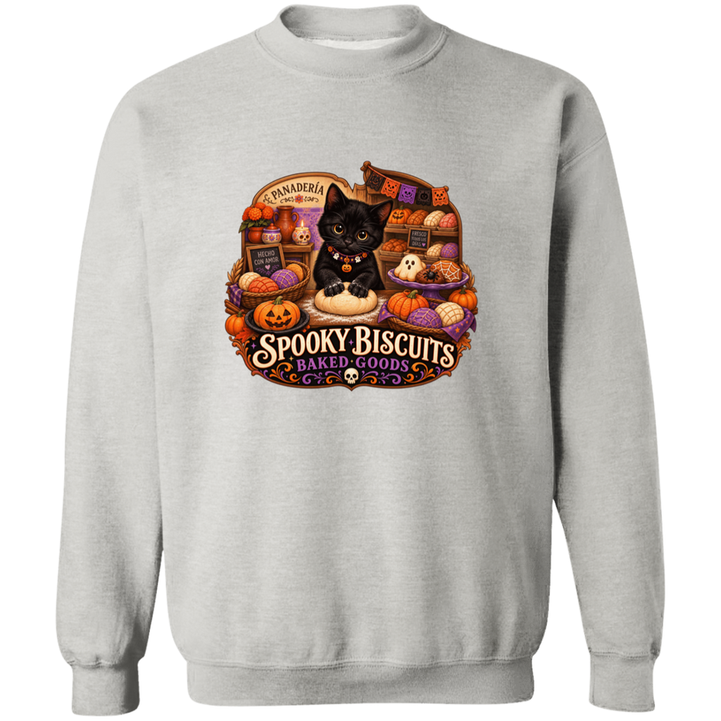 Light gray crewneck sweatshirt with a large, colorful Halloween-themed graphic on the front. The graphic features a black cat surrounded by pumpkins, ghosts, and the text 'Spooky Biscuits Baked Goods'.