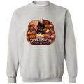 Light gray crewneck sweatshirt with a large, colorful Halloween-themed graphic on the front. The graphic features a black cat surrounded by pumpkins, ghosts, and the text 'Spooky Biscuits Baked Goods'.