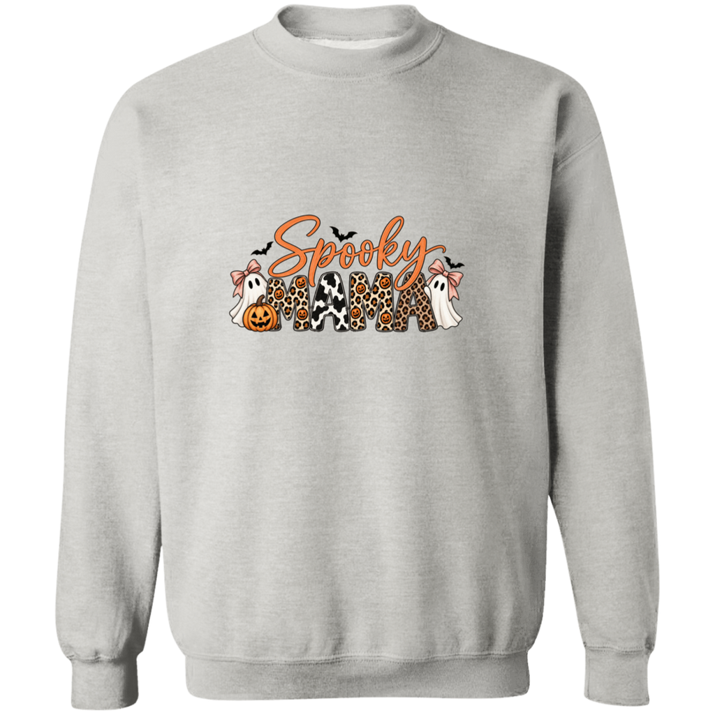 Light gray crewneck sweatshirt with a 'Spooky Mama' graphic featuring Halloween-themed characters and patterns.