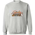 Light gray crewneck sweatshirt with a 'Spooky Mama' graphic featuring Halloween-themed characters and patterns.