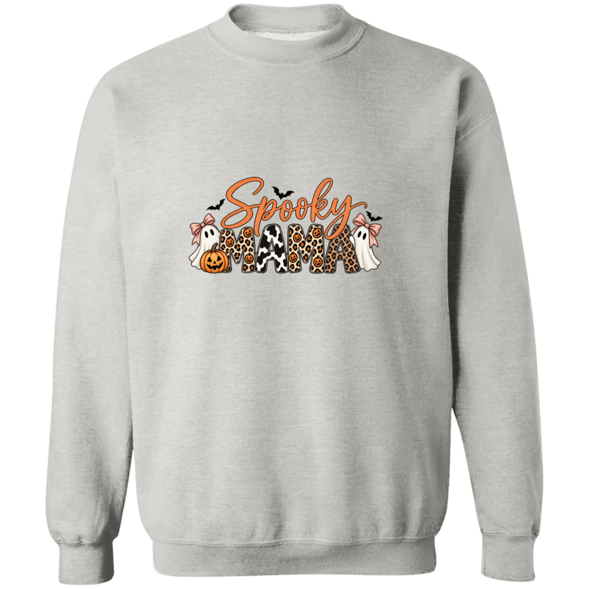 Light gray crewneck sweatshirt with a 'Spooky Mama' graphic featuring Halloween-themed characters and patterns.
