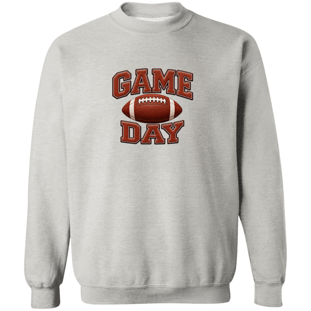 A light gray crewneck sweatshirt featuring a 'GAME DAY' football graphic on the chest