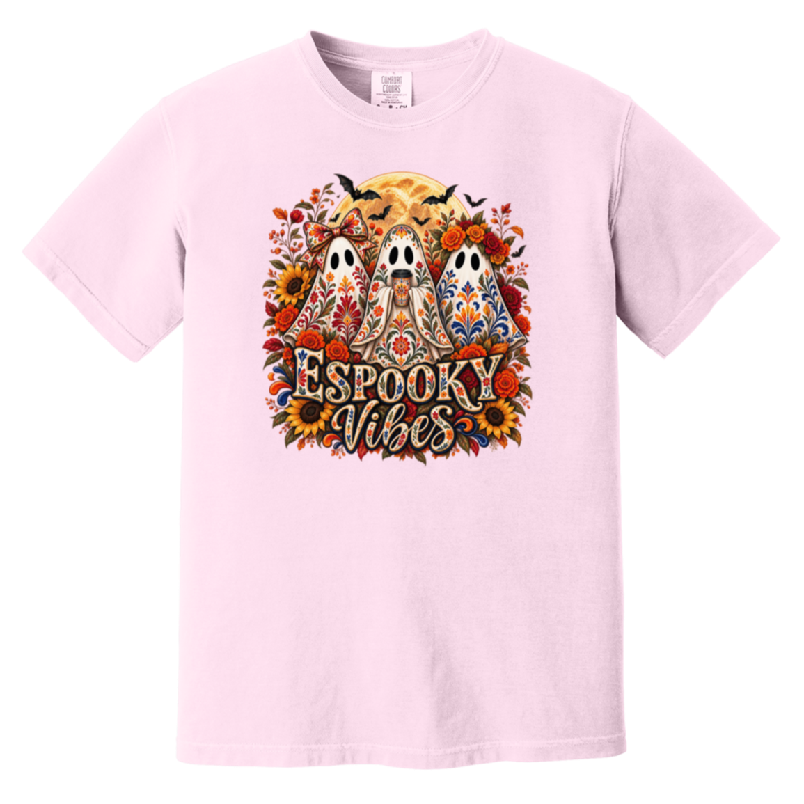 Light pink crewneck t-shirt featuring a colorful graphic print of three decorated ghosts, sunflowers, bats, and the text 'Espooky Vibes' in a stylized font.