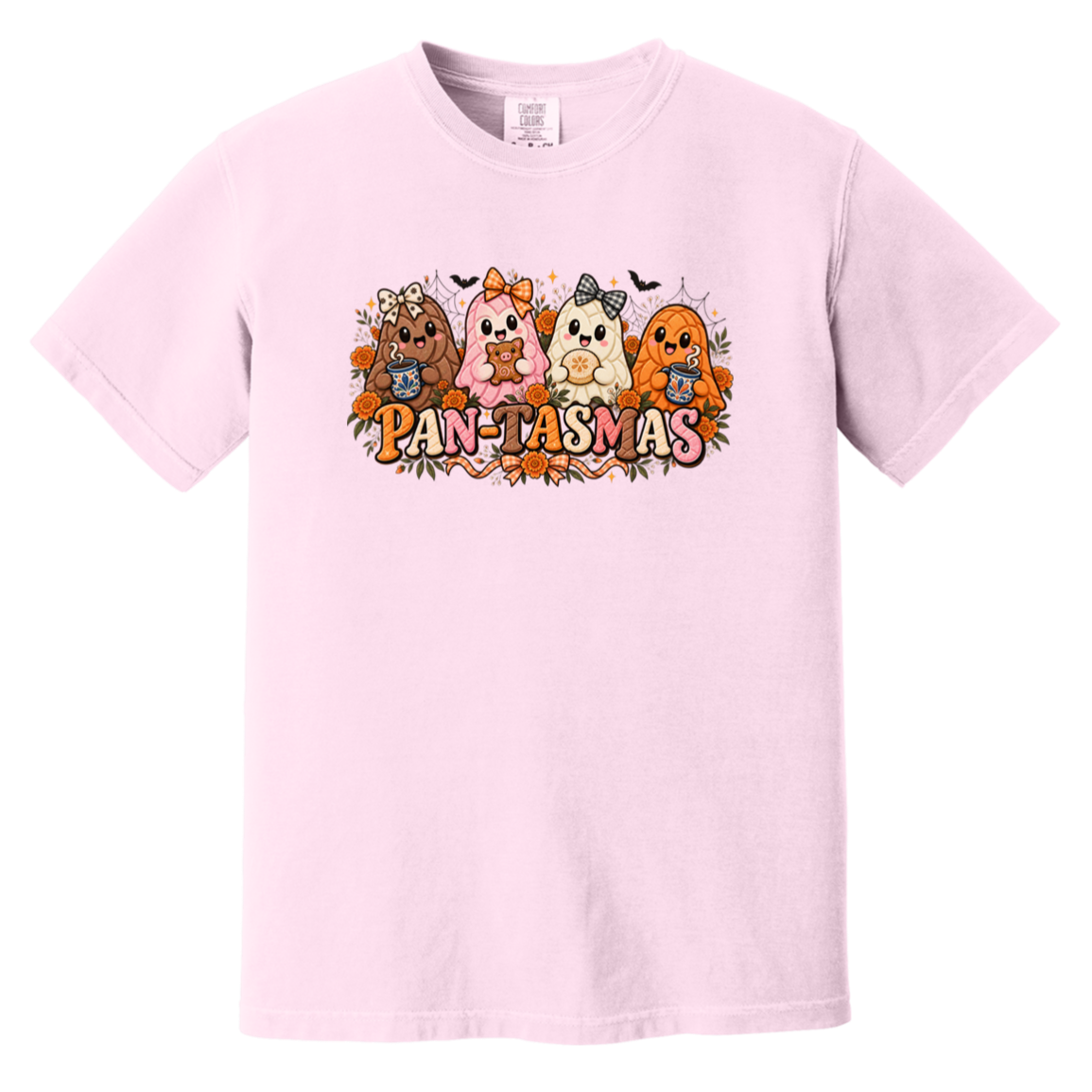 A light pink crewneck t-shirt featuring a colorful graphic of four ghost like pan dulce breads with the text 'PAN-TASMAS' printed below the characters