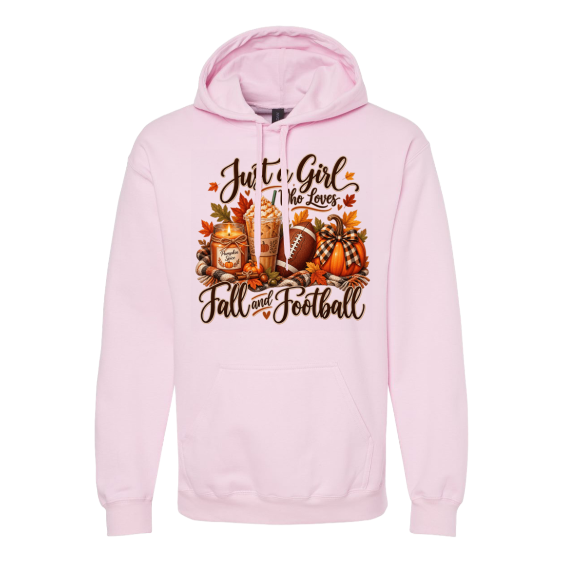A light pink pullover hoodie with a front graphic print featuring the text 'Just a Girl Who Loves Fall and Football' in brown script, surrounded by autumn-themed illustrations including pumpkins, a football, a candle, and fall leaves.