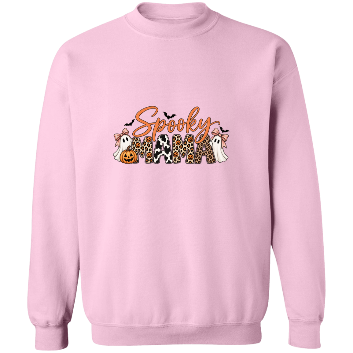 Light pink crewneck sweatshirt with a 'Spooky Mama' graphic featuring Halloween-themed characters and patterns.