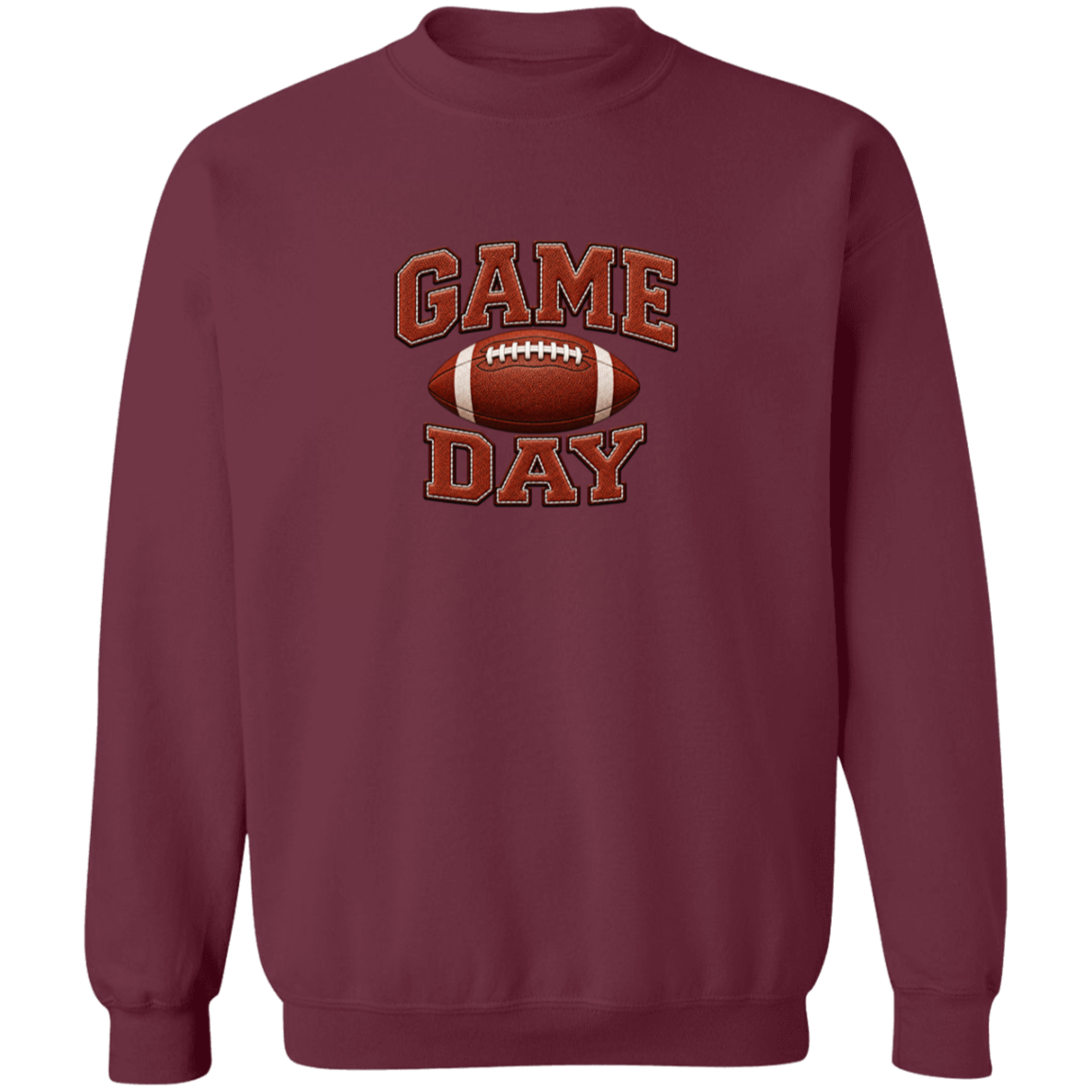 A maroon crewneck sweatshirt featuring a 'GAME DAY' football graphic on the chest, displayed against a solid white background.