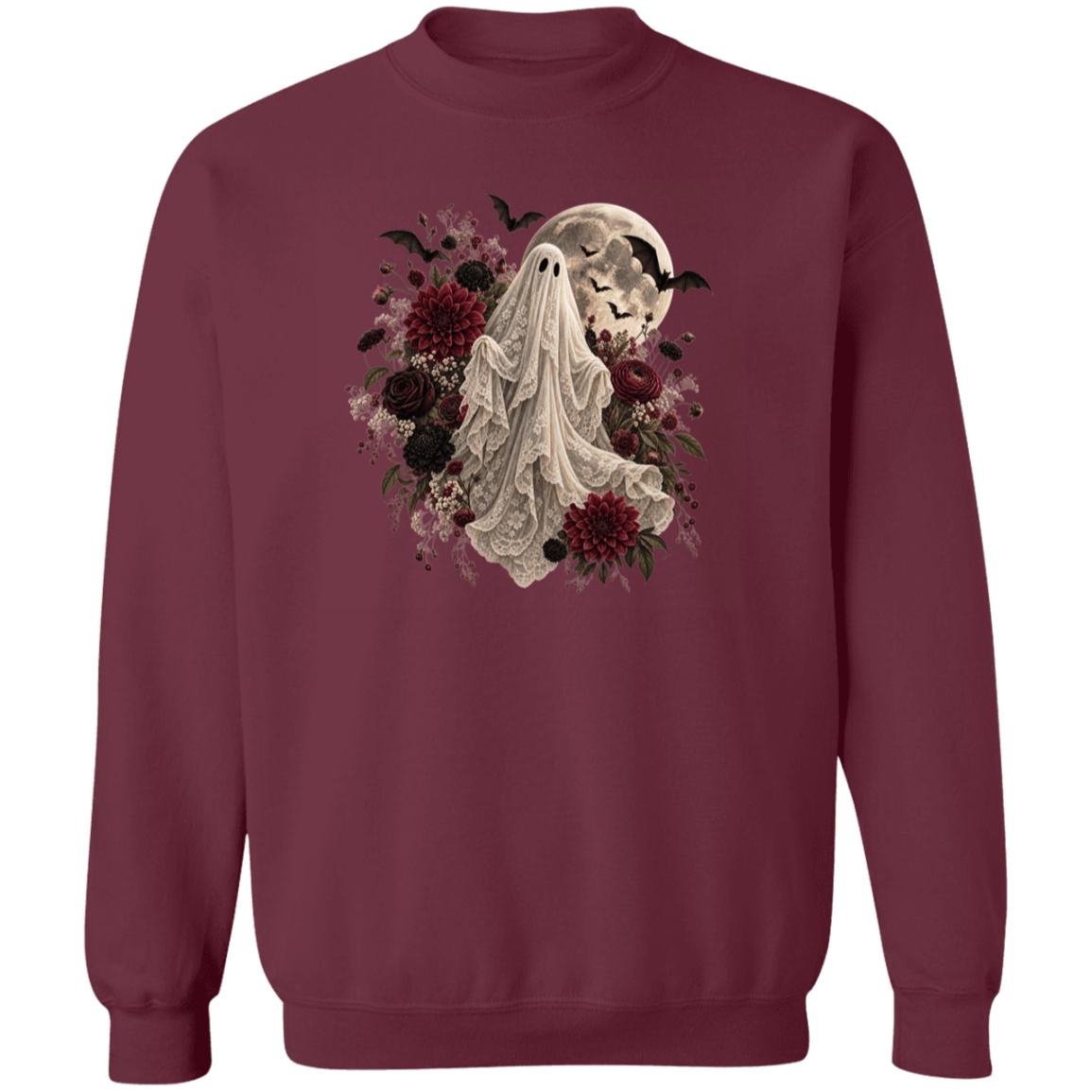 A maroon crewneck sweatshirt featuring a gothic Halloween graphic of a ghostly figure in a white sheet surrounded by dark red and black flowers, a full moon, and bats displayed on a clean white background.
