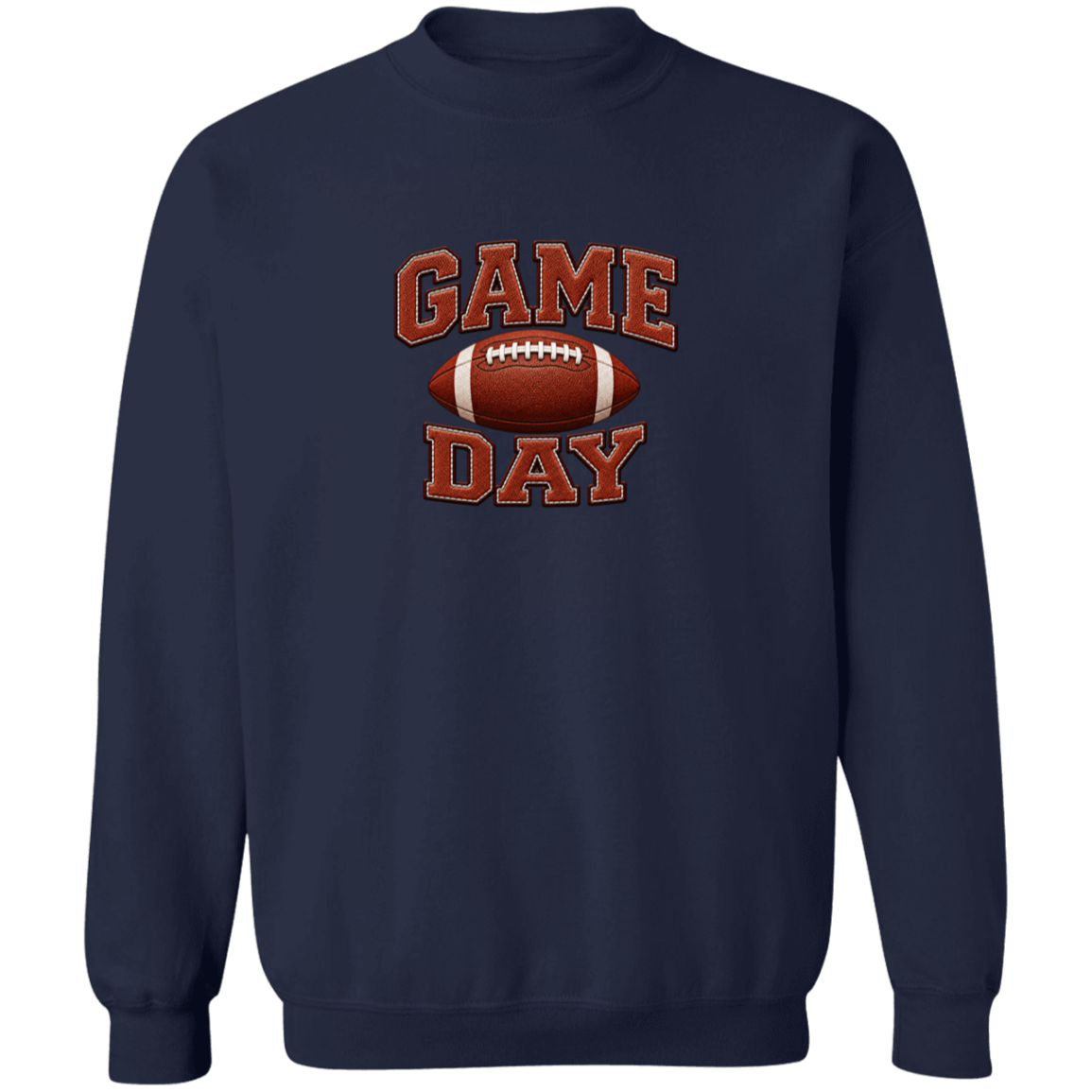 A navy blue crewneck sweatshirt featuring a 'GAME DAY' football graphic on the chest, displayed against a solid white background.