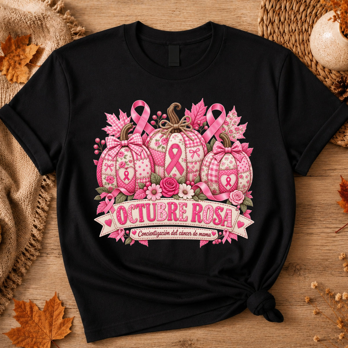 A black short-sleeve graphic T-shirt laid flat on a rustic wood surface with autumn leaves and woven textiles around it. The shirt features a large pink breast-cancer awareness design with three patterned pumpkins, pink ribbons, flowers, and a banner reading 'OCTUBRE ROSA' with smaller Spanish text saying “concientizacion del cancer de mama”