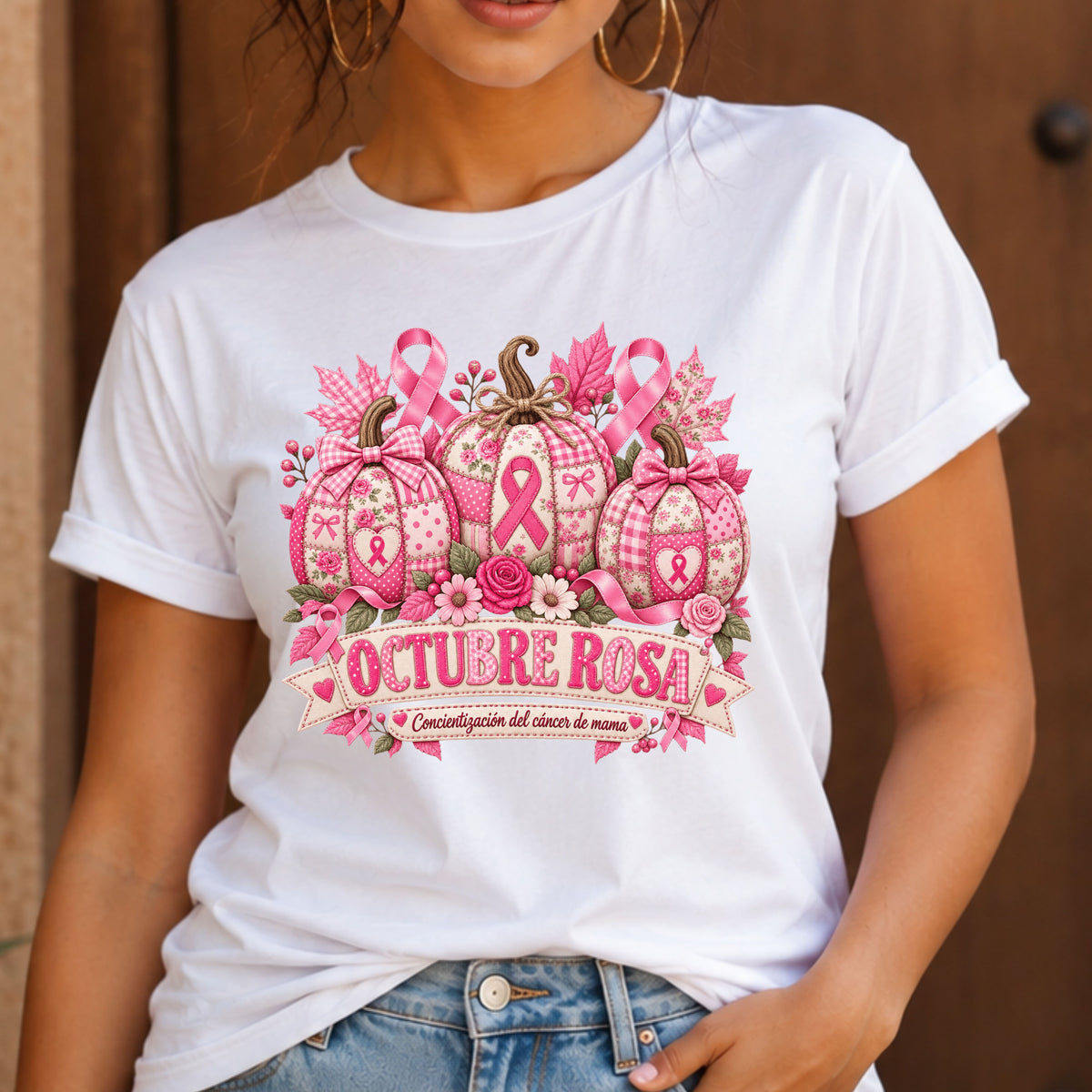 A woman wearing a white short-sleeve graphic T-shirt with a pink breast cancer awareness design featuring pumpkins, ribbons, flowers, and the text 'OCTUBRE ROSA'.