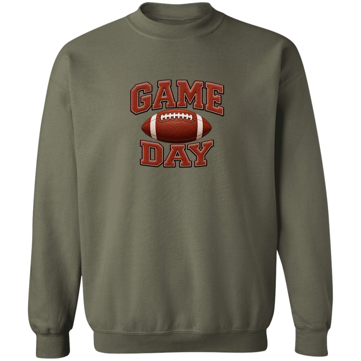 An olive green crewneck sweatshirt featuring a 'GAME DAY' football graphic on the chest, displayed against a solid white background.