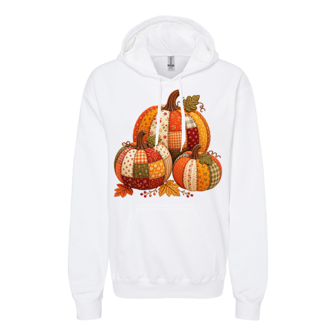 A white pullover hoodie featuring a colorful patchwork pumpkin graphic on the front, set against a plain white background.
