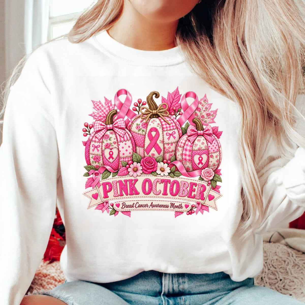 A woman wearing a white crewneck sweatshirt with a pink Breast Cancer Awareness Month graphic featuring pumpkins, roses, and ribbons, paired with blue jeans.