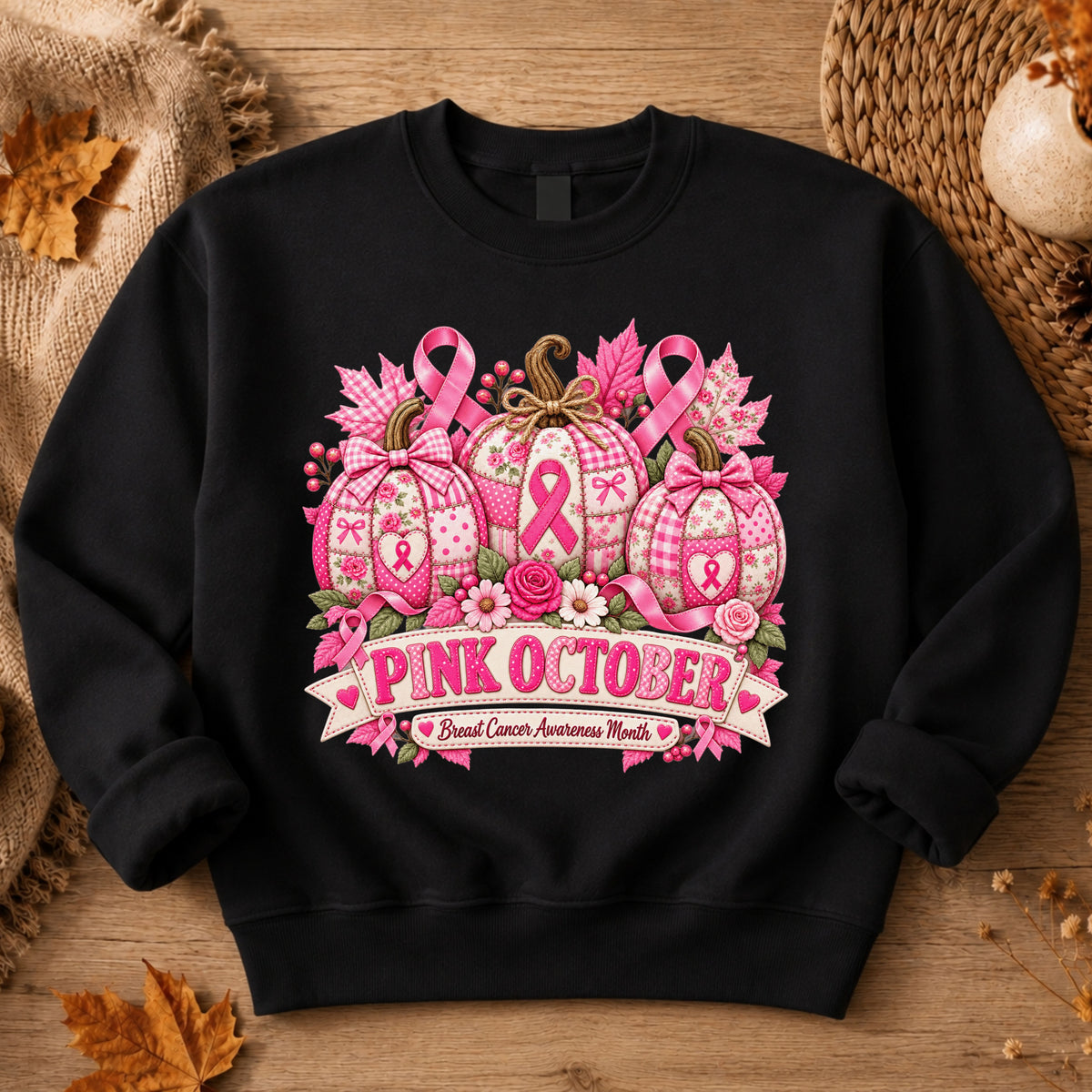 A black crewneck sweatshirt laid flat on a rustic wood surface, featuring a large pink and white graphic of pumpkins, roses, and awareness ribbons with the text 'PINK OCTOBER Breast Cancer Awareness Month.' Decorative autumn props and woven mats surround the sweatshirt.