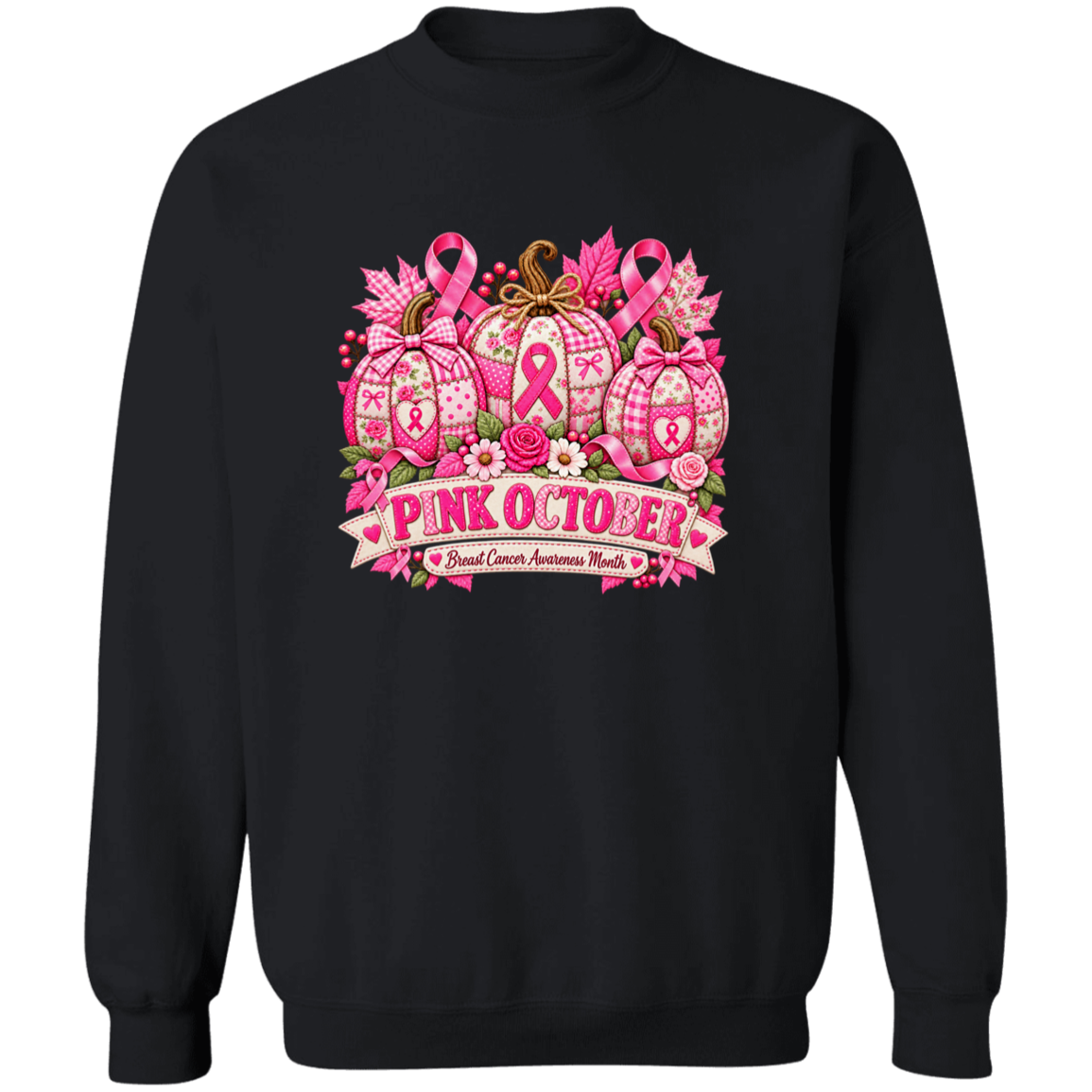 A black crewneck sweatshirt featuring a large graphic print on the chest for Breast Cancer Awareness Month. The graphic depicts three patterned pumpkins decorated with pink ribbons, roses, and autumn leaves, topped with pink awareness ribbons, and a banner below that reads 'PINK OCTOBER Breast Cancer Awareness Month'.