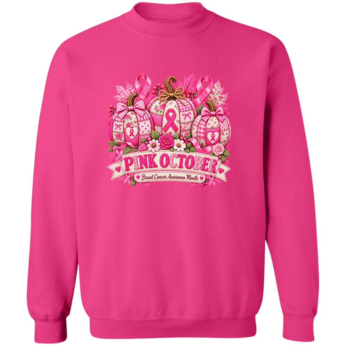 A bright pink crewneck sweatshirt featuring a 'Pink October' breast cancer awareness graphic on the chest, displayed against a solid white background.