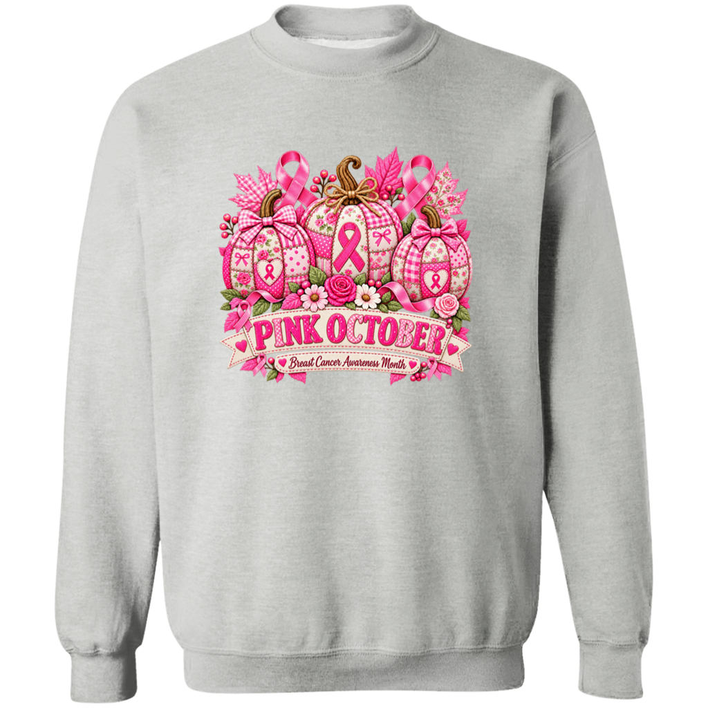 A light gray crewneck sweatshirt featuring a large 'Pink October' breast cancer awareness graphic on the chest, displayed against a solid white background.