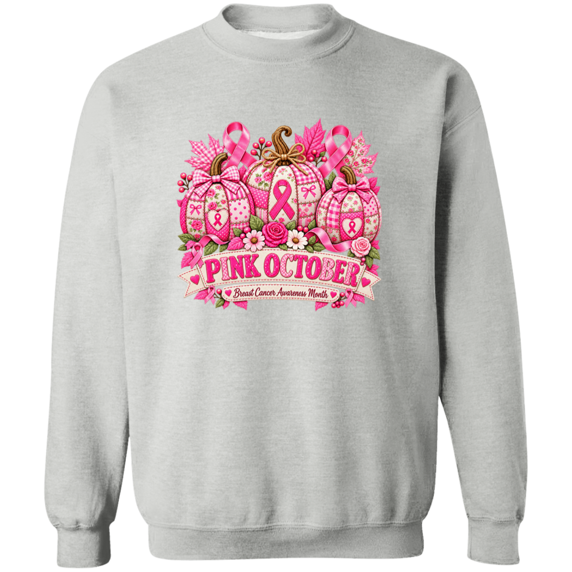 A light gray crewneck sweatshirt featuring a large 'Pink October' breast cancer awareness graphic on the chest, displayed against a solid white background.