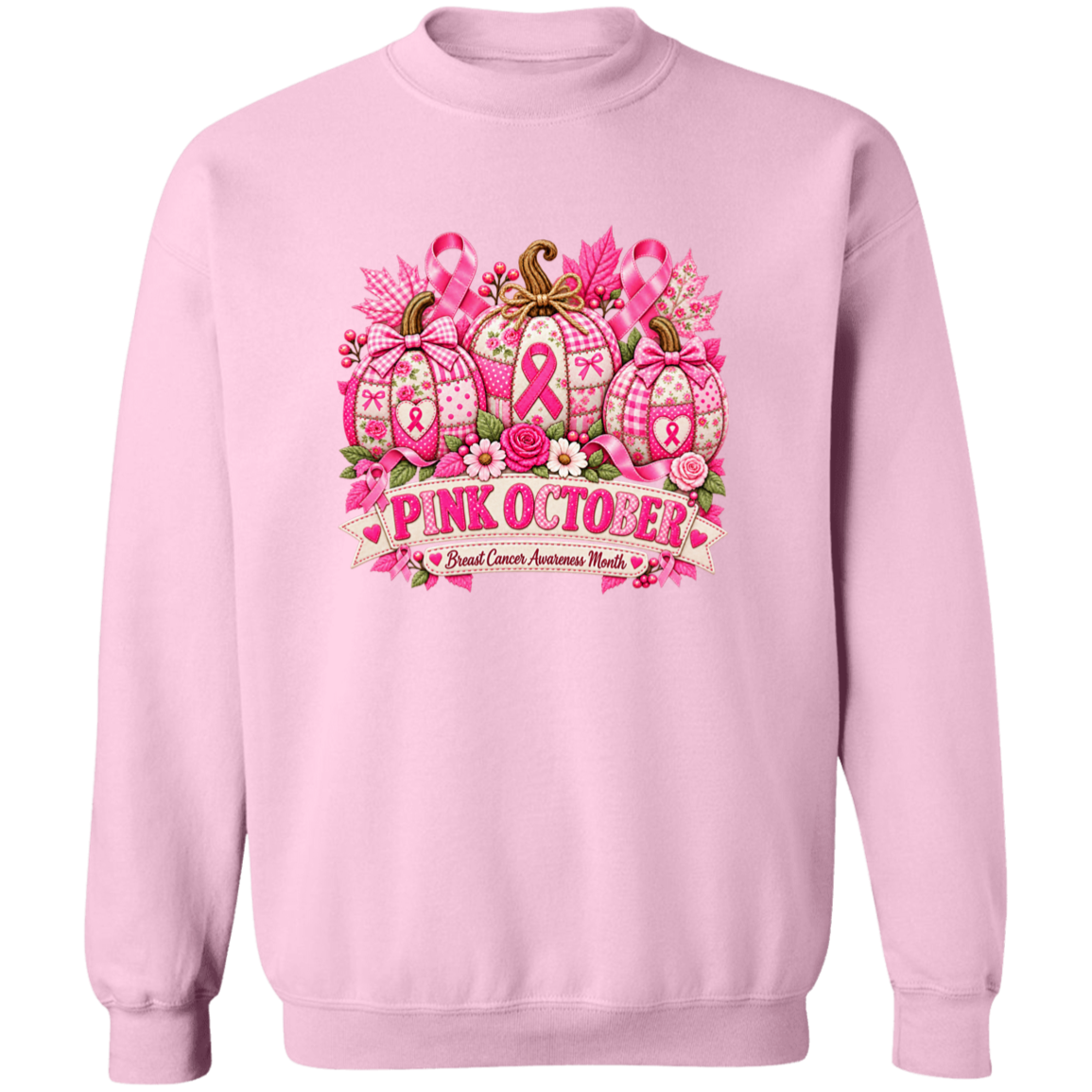 A light pink crewneck sweatshirt featuring a 'Pink October' breast cancer awareness graphic on the chest, displayed against a solid white background.