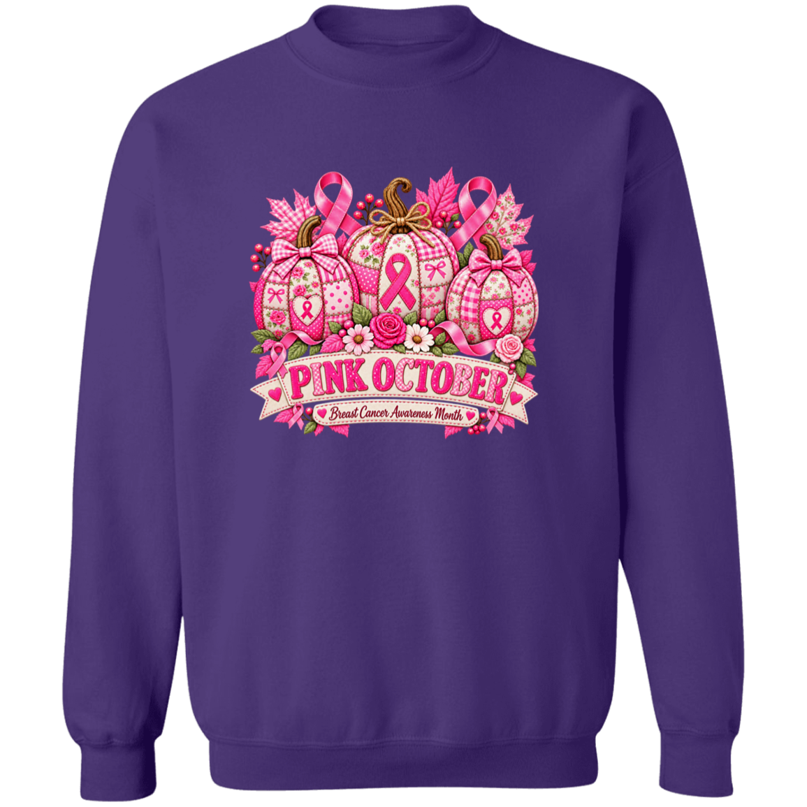 A purple crewneck sweatshirt featuring a 'Pink October' breast cancer awareness graphic on the chest, displayed against a solid white background.