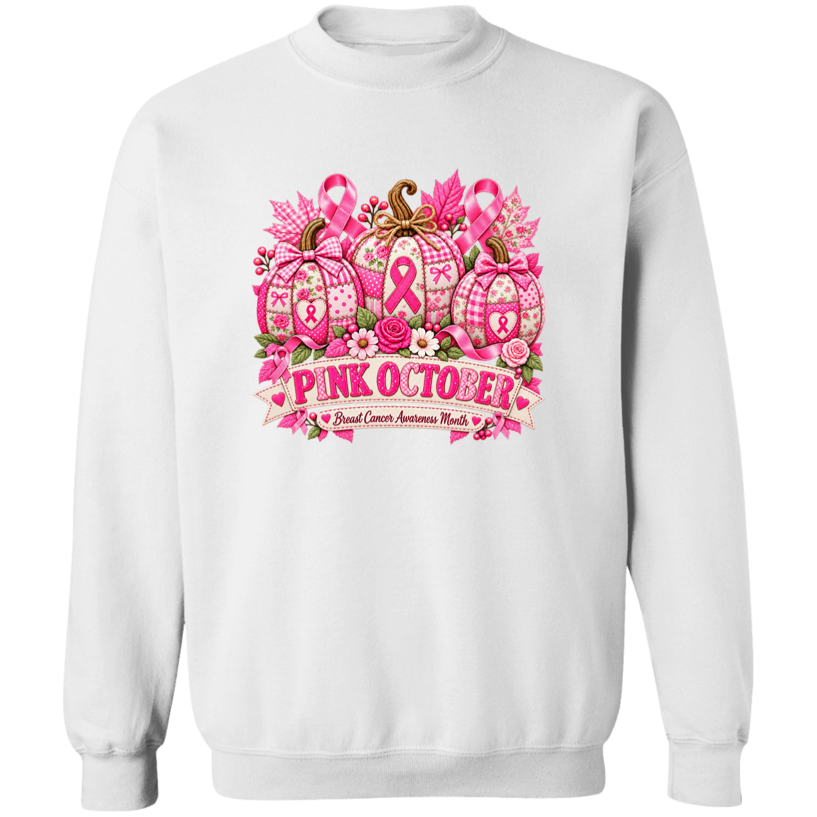 A white crewneck sweatshirt featuring a large 'Pink October' breast cancer awareness graphic on the chest, displayed against a solid white background.