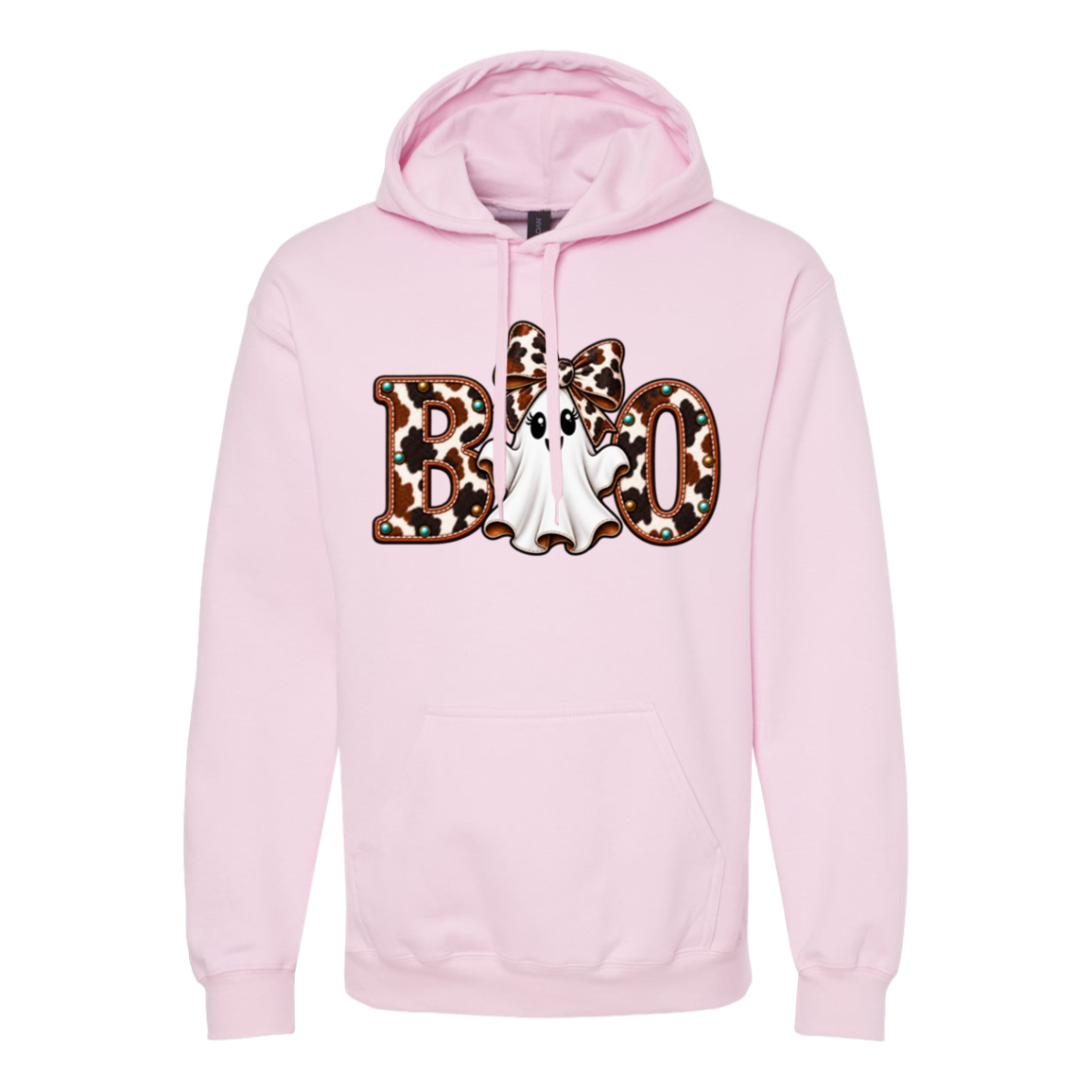 Pink hoodie with a ghost wearing a large cowhide bow and the word boo with the ghost in the middle of the word