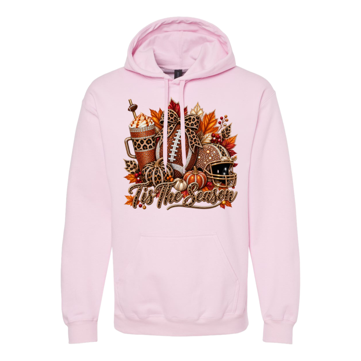 Pink hoodie with a rustic fall themed image featuring a football, iced coffee, football helmet and pumpkins with the phrase “tis the season”