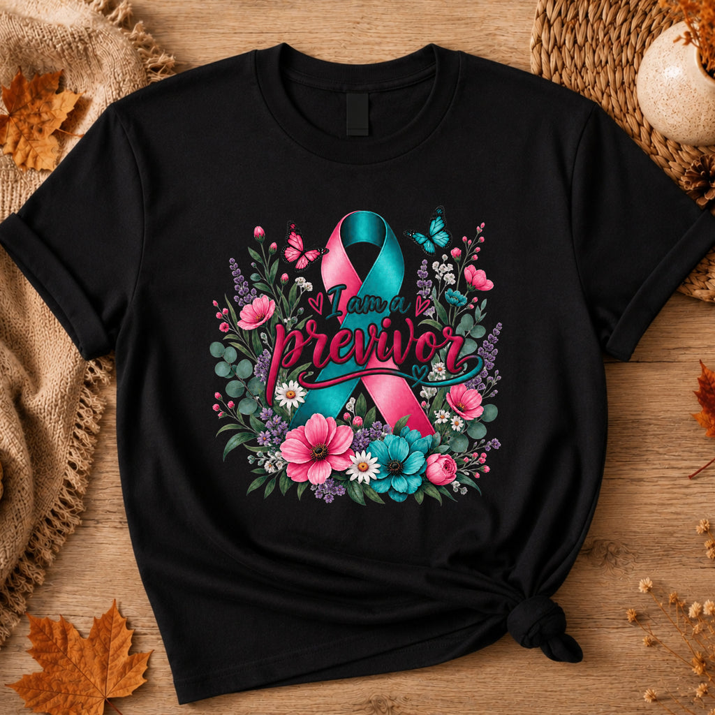 A black short-sleeve T-shirt laid flat on a wooden surface with autumn props. The shirt features a large front graphic with a pink and teal awareness ribbon surrounded by flowers and the words 'I am a previvor' in stylized script.